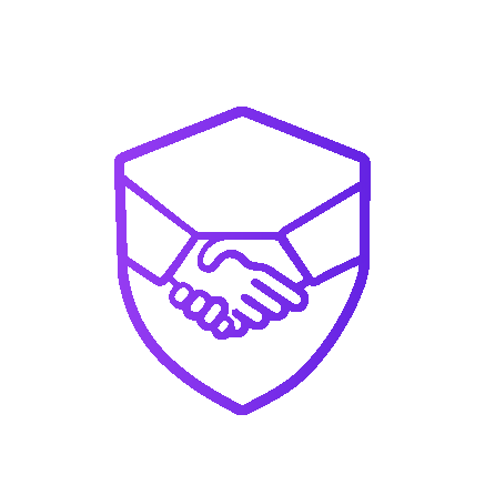 Icon image of a shield with two people shaking hands in the middle to depict social proof, a benefit of our social media support service.