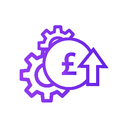 Icon of some cogs (with one featuring a pound sign and an up arrow) to depict 'Factors Affecting Performance', one of the areas covered by our free website audit.
